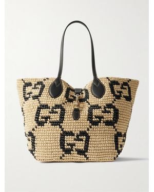 Gucci Leather-Trimmed Logo-Jacquard Raffia Tote - Natural