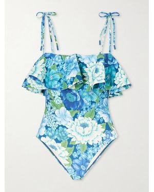 ALÉMAIS Margo Ruffled Floral-Print Swimsuit - Blue