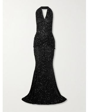 Patou Draped Sequined Mesh Halterneck Gown - Black