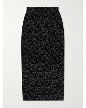 Saloni Nat Satin-Trimmed Embroidered Velvet Midi Skirt - Black