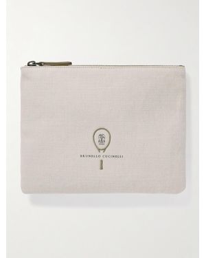 Brunello Cucinelli Pochette En Tweed De Coton Et De Lin Mélangés À Finitions En Cuir Et À Broderie - Neutre