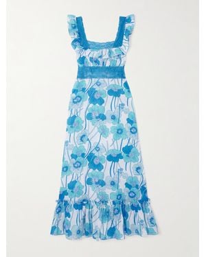 Loretta Caponi Margherita Lace-Trimmed Floral-Print Silk-Voile Maxi Dress - Blue