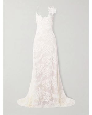 Danielle Frankel Edie Appliquéd Silk Chiffon-Trimmed Cotton-Blend Corded Lace Gown - White
