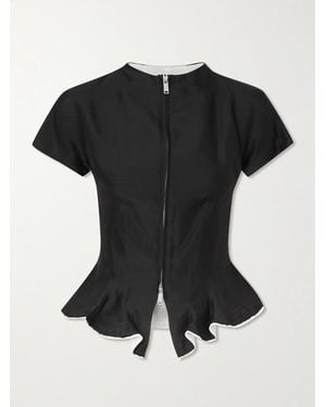 STAUD Maelle Layered Frayed Linen-Trimmed Wool-Blend Peplum Blouse - Black