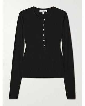 ÉTERNE Ribbed-Knit Henley Top - Black