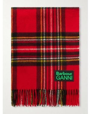 Barbour Ganni Fringed Appliquéd Checked Wool Scarf - Rot