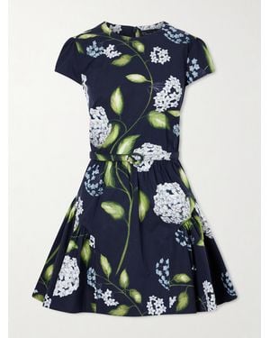 Oscar de la Renta Belted Tiered Floral-Print Cotton-Blend Poplin Mini Dress - Blue