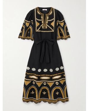 Eres Ornament Midikleid Aus Leinen Mit Stickereien Und Bindegürtel - Schwarz