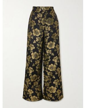D'Estree Beatrice Floral-Brocade Wide-Leg Pants - Green