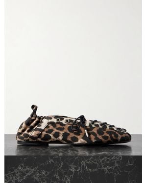 Ganni Lace-Up Leopard-Print Denim Ballet Flats - Black