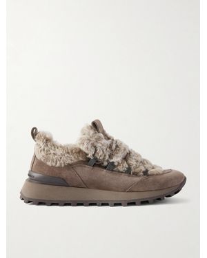 Brunello Cucinelli Bead-Embellished Shearling-Trimmed Suede Sneakers - Gray
