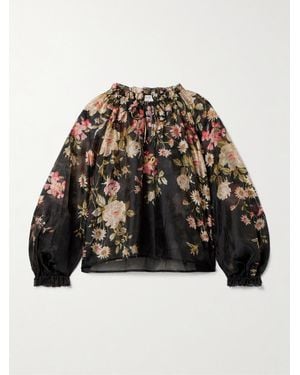 Sea Jolie Ruffled Floral-Print Organza Blouse - Black