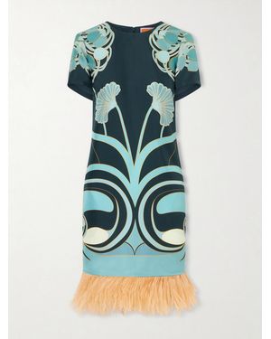 La DoubleJ Swing Printed Feather-Trimmed Silk-Twill Mini Dress - Green