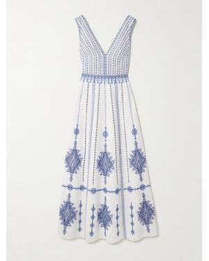 Emporio Sirenuse Nellie Embroidered Linen And Cotton-Blend Maxi Dress - Blue