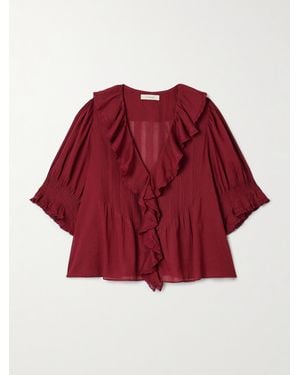 Doen Henri Lace-Trimmed Ruffled Pintucked Organic Cotton-Voile Blouse - Red