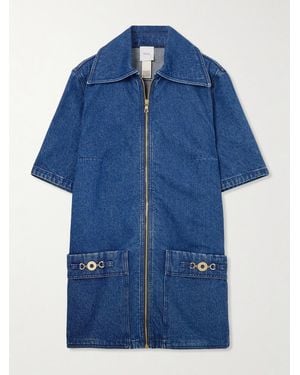 Patou Embellished Denim Mini Shirt Dress - Blue