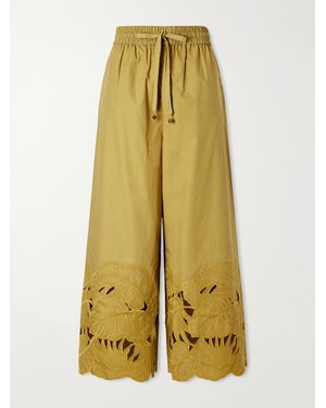 Zimmermann Mahon Embroidered Cotton Wide-Leg Trousers - Yellow
