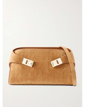 Ferragamo Hug Embellished Croc-Effect Suede Shoulder Bag - Natural