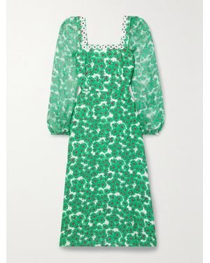 HVN Matilda Appliquéd Floral-Print Voile And Silk-Chiffon Midi Dress - Green
