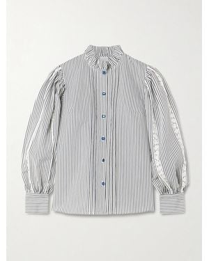 Loretta Caponi Anastasia Lace-Trimmed Striped Cotton-Blend Blouse - Grey
