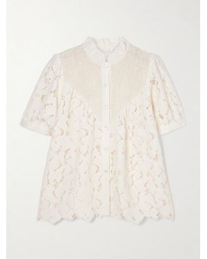 Loretta Caponi Iole Ruffled Smocked Cotton-Trimmed Guipure Lace Blouse - Natural
