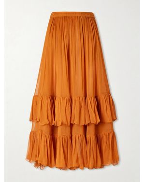 Saint Laurent Ruffled Silk-Muslin Maxi Skirt - Orange