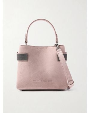 Brunello Cucinelli Bead-Embellished Suede Shoulder Bag - Pink