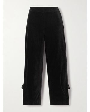Posse Quincy Cropped Bow-Detailed Satin-Trimmed Cotton-Velvet Slim-Leg Pants - Black