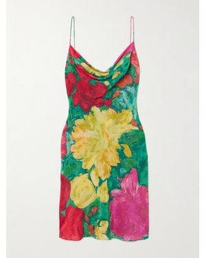 Balmain Draped Floral-Print Silk Mini Dress - White