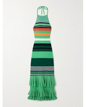 Christopher John Rogers Ruffled Striped Stretch-Knit Halterneck Maxi Dress - Green