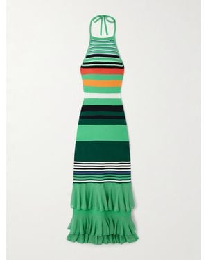 Christopher John Rogers Ruffled Striped Stretch-Knit Halterneck Maxi Dress - Green