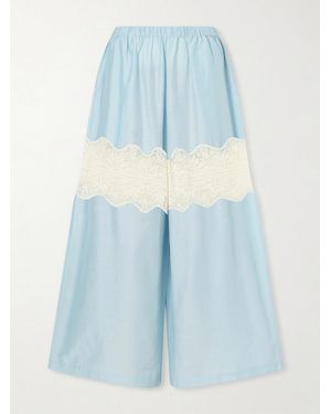 Alix Of Bohemia Margie Sky Lace-Trimmed Cotton And Silk-Blend Wide Leg Trousers - Blue