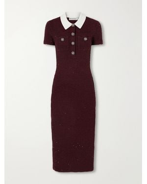 Self-Portrait Crystal And Sequin-Embellished Waffle-Knit Midi-Dress - Purple