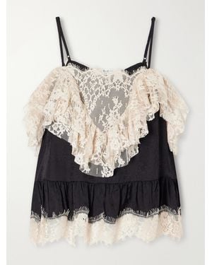Sea Ethel Ruffled Lace-Trimmed Floral-Jacquard Satin Cami - Black