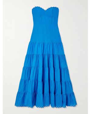 Charo Ruiz Danny Strapless Broderie Anglaise-Trimmed Tiered Cotton-Blend Voile Maxi Dress - Blue
