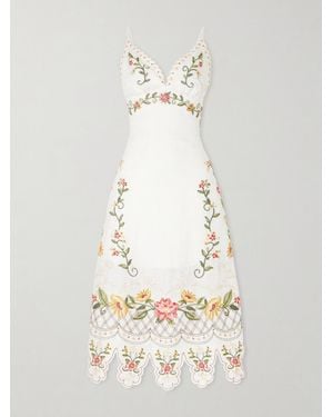 FARM Rio Floral-Embroidered Linen Midi Dress - Natural