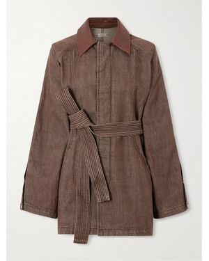 OSSOU Sweep Belted Leather-Trimmed Denim Jacket - Braun