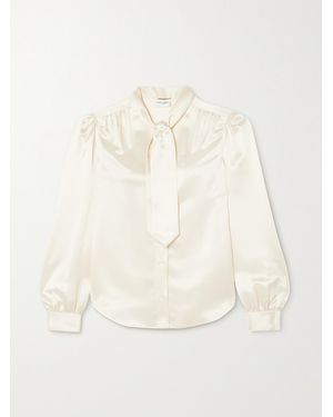 Saint Laurent Cropped Pussy-Bow Silk-Charmeuse Blouse - Natural