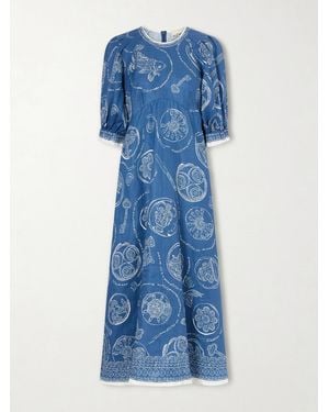 ALÉMAIS Lucky Printed Linen Midi Dress - Blue