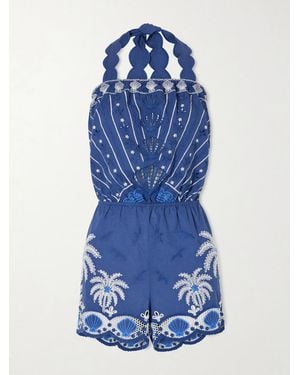 FARM Rio Engineering Scalloped Broderie Anglaise Linen-Blend Playuit - Blue