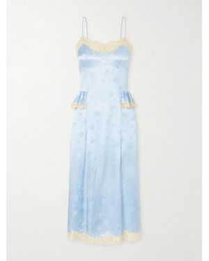 Doen Lise Lace-Trimmed Floral-Jacquard Satin Midi Dress - Blue