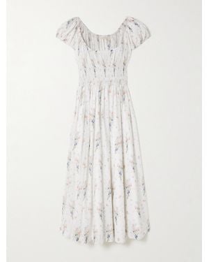 Doen Quinley Shirred Floral-Print Organic Cotton Midi Dress - White