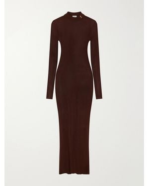 Saint Laurent Cassandre-Embellished Ribbed Silk Midi Dress - Brown