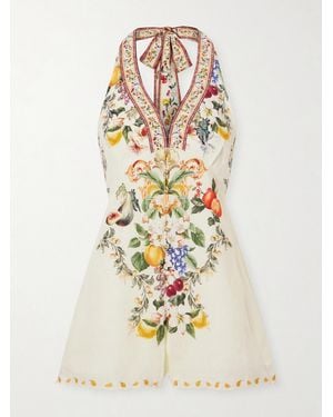 CAMILLA Embellished Floral-Print Linen Playsuit - White