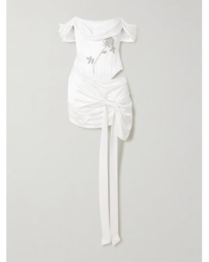 Clio Peppiatt Paloma Convertible Draped Embellished Satin Mini Dress - White