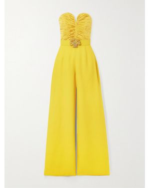 Andrew Gn Strapless Embellished Ruched Plissé-Satin And Crepe Jumpsuit - Yellow