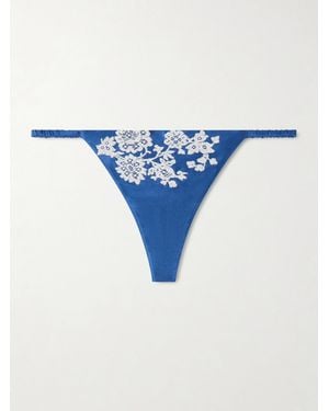 Carine Gilson Lace-Trimmed Silk-Satin Thong - Blau