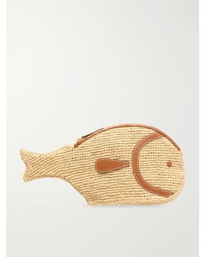 STAUD Pesce Leather-Trimmed Raffia Clutch - Natural