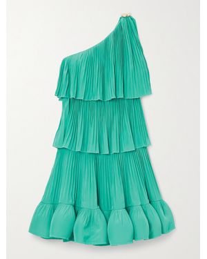 Lanvin One-Shoulder Tiered Ruffled Charmeuse Mini Dress - Green