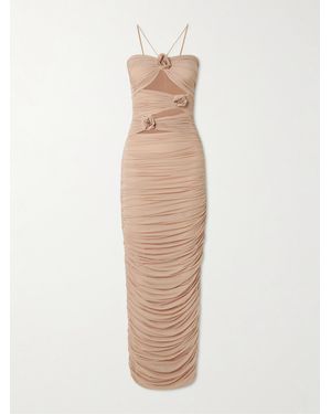 Maygel Coronel Veranera Appliquéd Ruched Cutout Stretch-Jersey Halterneck Maxi Dress - White